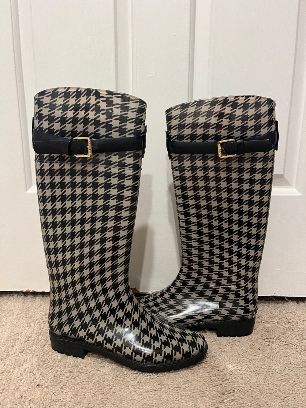 Ralph Lauren Tall Rain Boots with Buckle Detail - Black & Cream